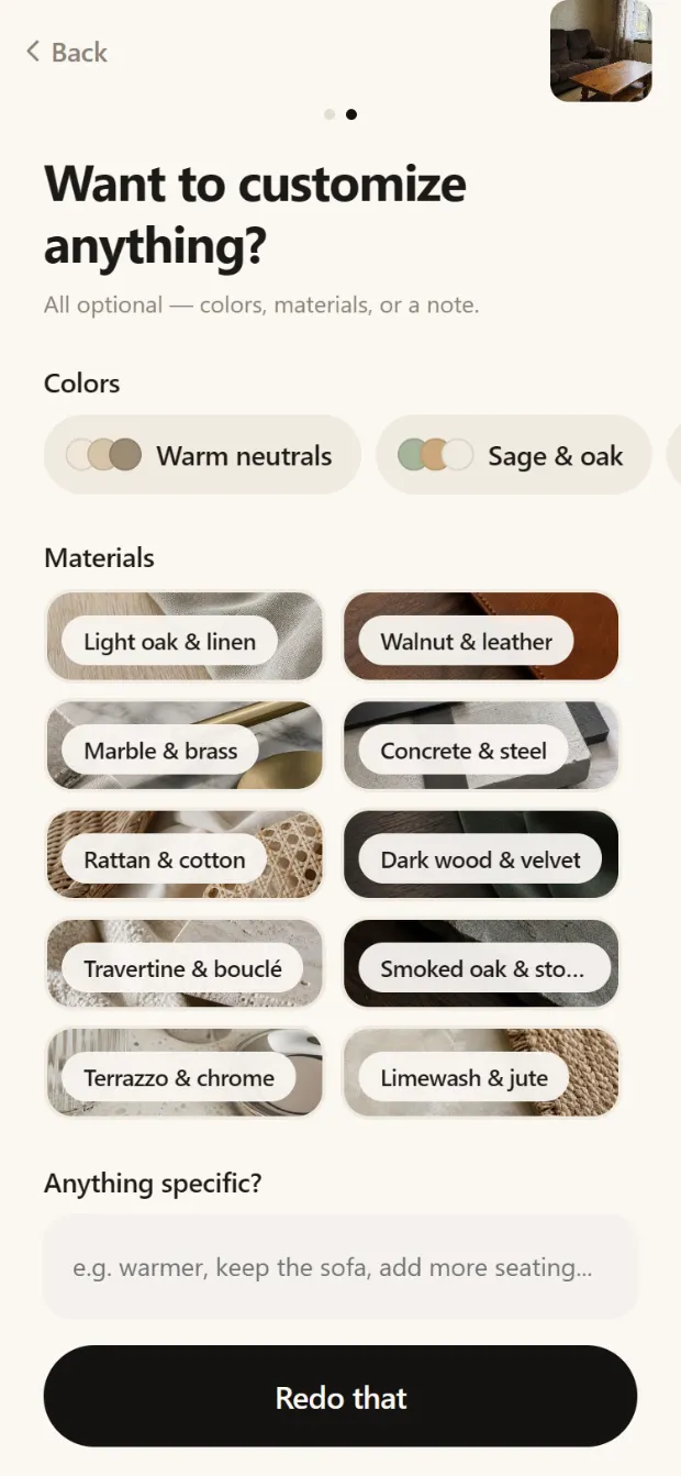 App screen: optional colour and material choices such as warm neutrals, light oak and linen, plus a free-text note field.