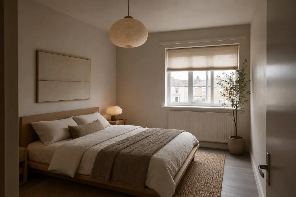 The same bedroom in a japandi style: low wooden furniture, linen bedding and muted earth tones.