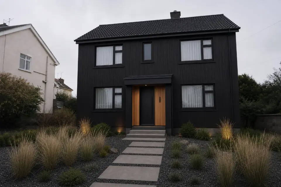 The same house with a matte black timber facade, black window frames, a wood-lined entry and gravel planting.