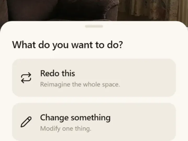 The app sheet after a photo: redo this to reimagine the whole space, or change something to modify one thing.