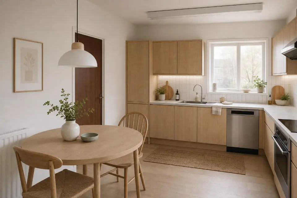 The same kitchen in a scandinavian style: pale oak fronts, a light stone worktop and simple pendant lighting.