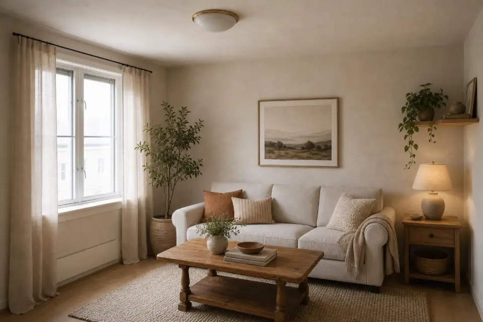 The same living room redesigned: plaster-toned walls, a linen sofa, a jute rug, linen curtains and a small tree by the window.